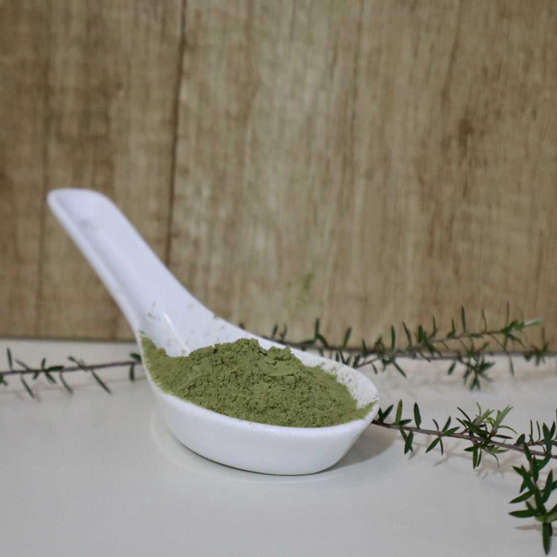 manuka leaf powder in a porcelain spoon with a wood background