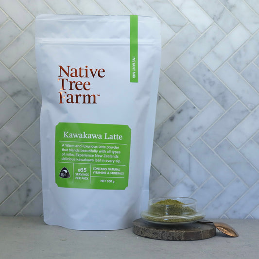 Native Tree Farm Kawakawa Latte package on a marble surface.