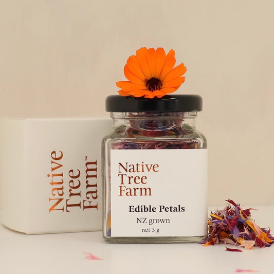 Mixed coloured and dried, edible flower petals in a square jar.