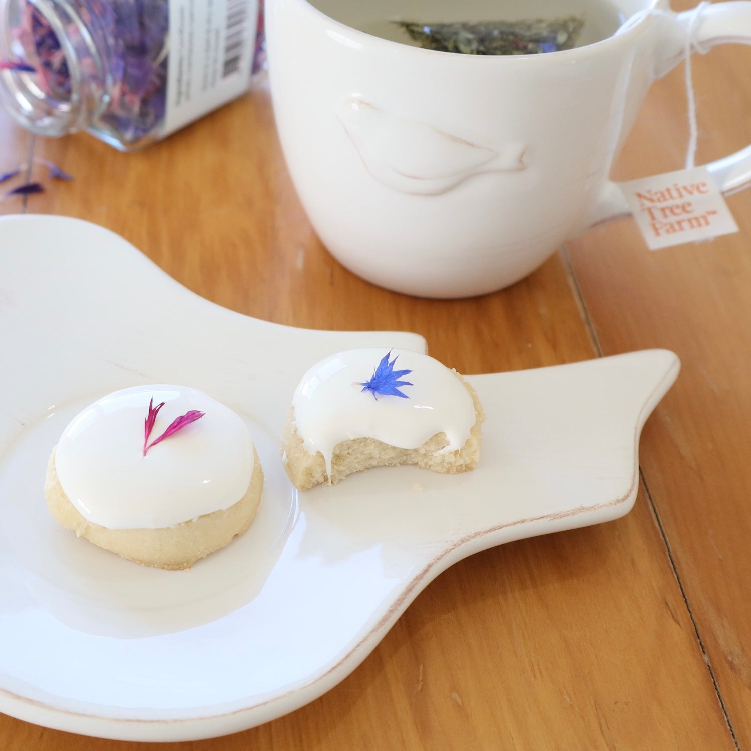 cookies topped with edible cornflower petals from Native Tree Farm