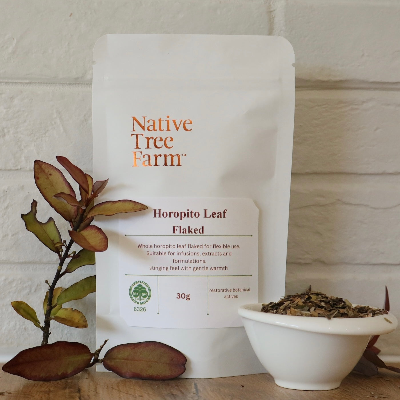 a pouch of horopito leaf fakes on a kitchen top at Native Tree Farm
