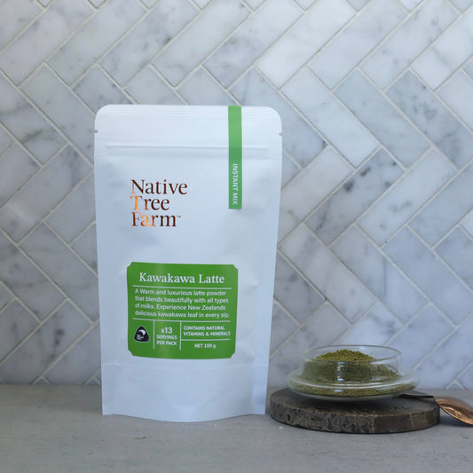 Native Tree Farm Kawakawa Latte on a marble surface 