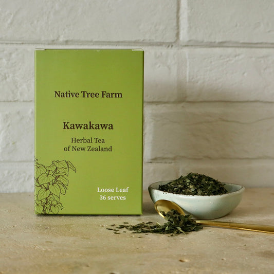 A box of Native Tree Farm loose leaf Kawakawa Herbal Tea of New Zealand.