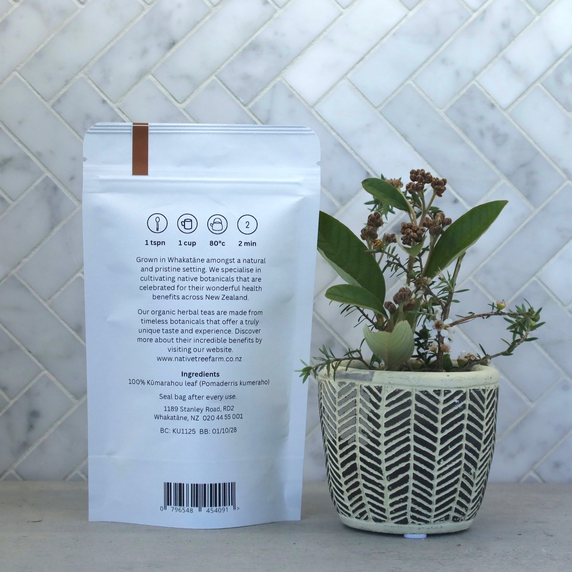 Native Tree Farm, a rear image of their organic kumarahou herbal tea package showing the ingredients and directions