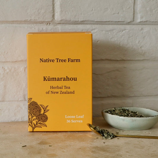 A yellow box of Native Tree Farm Kùmarahou Herbal Tea of New Zealand.