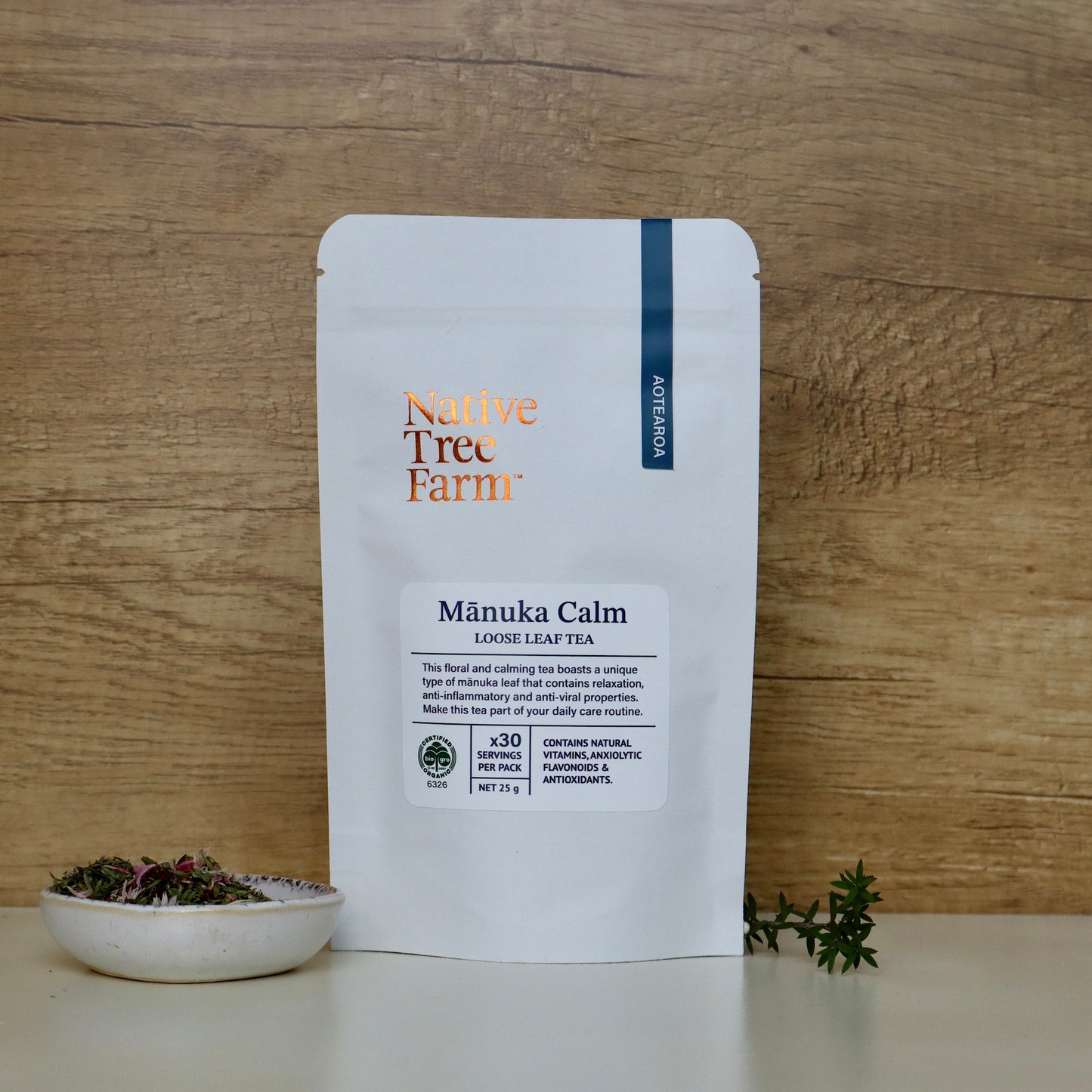 organic certified loose leaf manuka leaf tea in a 25g pouch