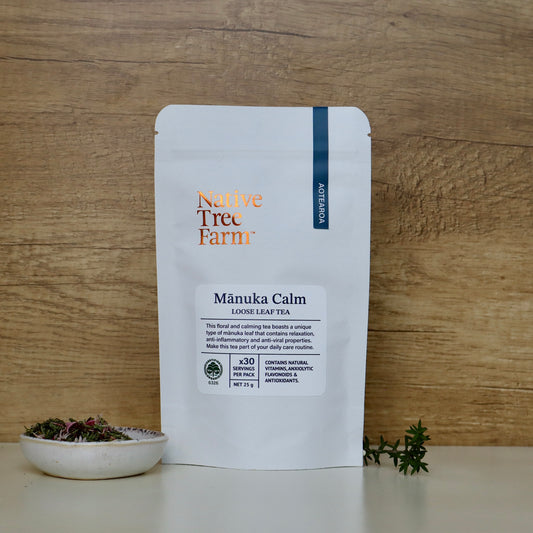 organic certified loose leaf manuka leaf tea in a 25g pouch