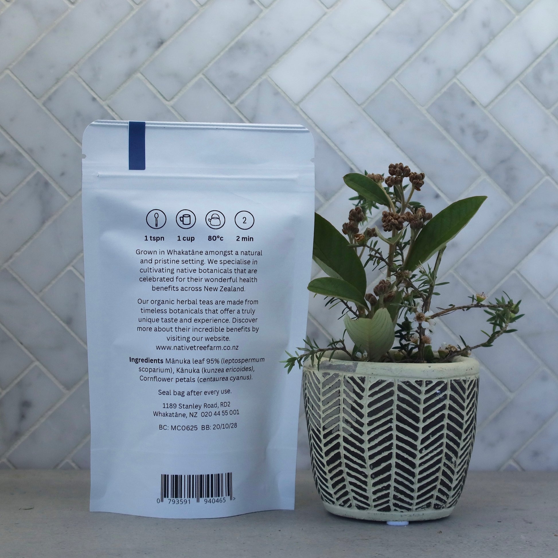 Native Tree Farm, rear package of their manuka calm herbal tea showing the product details and its ingredients