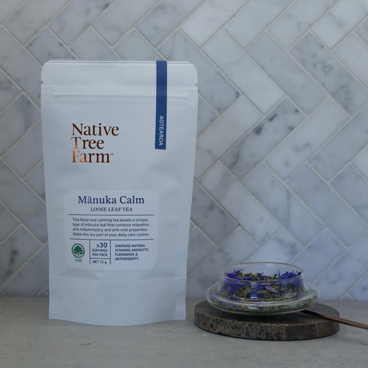 Native Tree Farm organic manuka calm herbal tea on a kitchen bench 