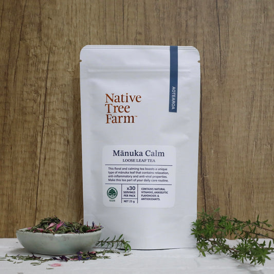 Bag of Native Tree Farm Manuka Calm loose leaf tea on a wooden background