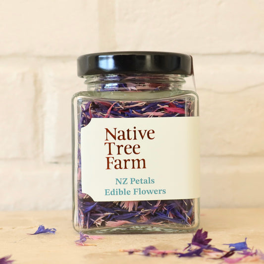 Jar of Native Tree Farm NZ Petals Edible Flowers on a neutral background