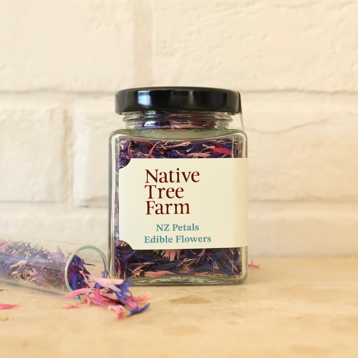 native tree farm edible flower petals on the bench