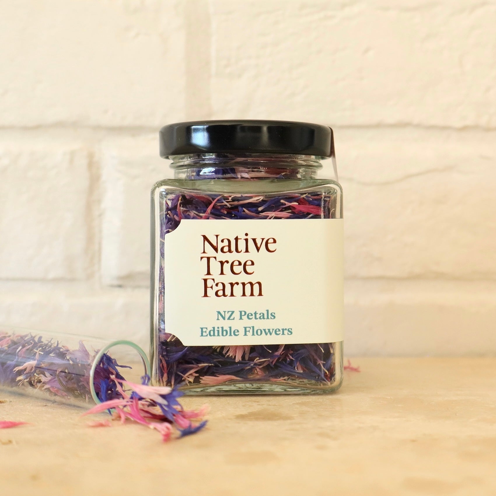 native tree farm edible flower petals on the bench