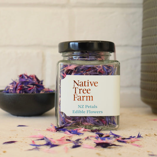 Native Tree Farm multicoloured edible cornflower petals on a stone bench