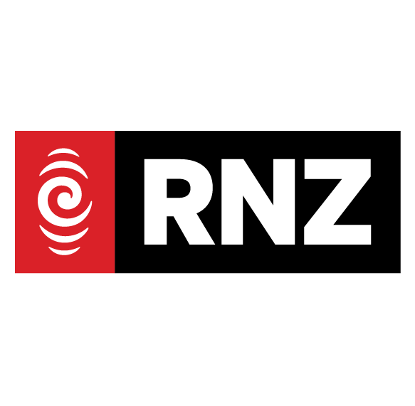 RNZ logo with red and black design on a white background